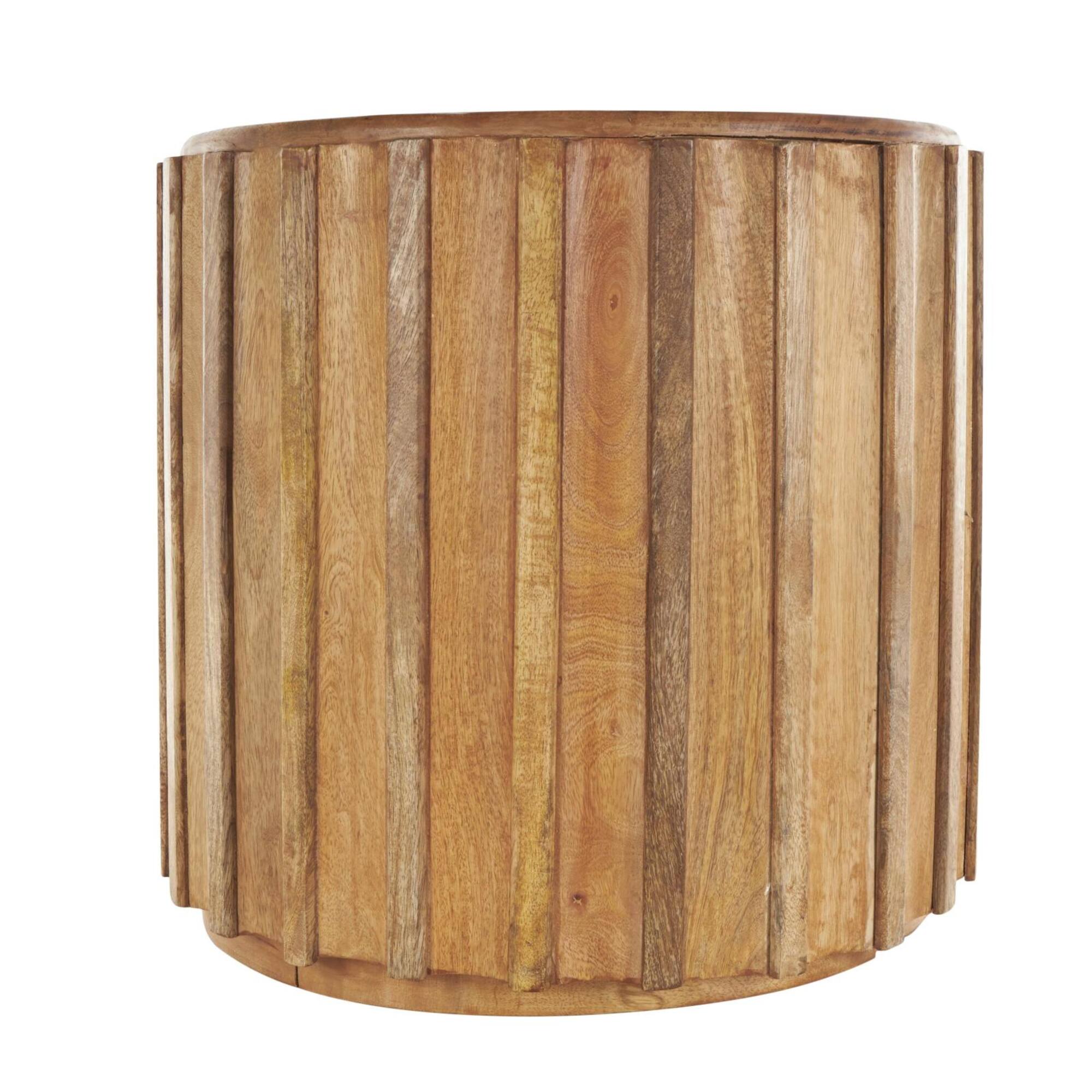 18.25" Brown Mango Wood Handmade Concaved Curve Drum Accent Table with Ridges